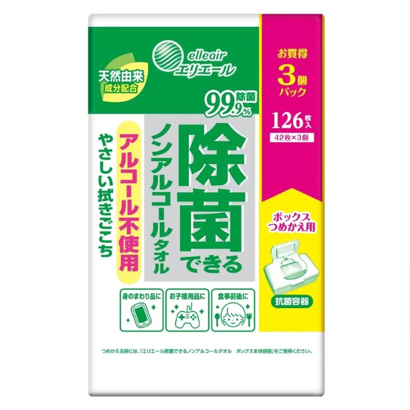 エリエール　除菌できるノンアルコールタオル　ボックス　つめかえ用　４２枚×３個