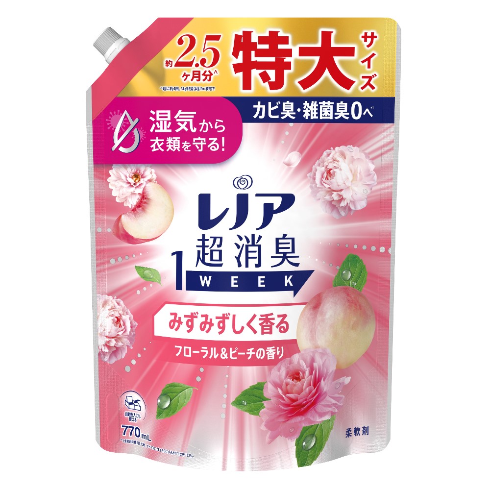 【まとめ買い】レノア超消臭1WEEK みずみずしく香るフローラル&ピーチの香り つめかえ用 特大サイズ 770mL×8